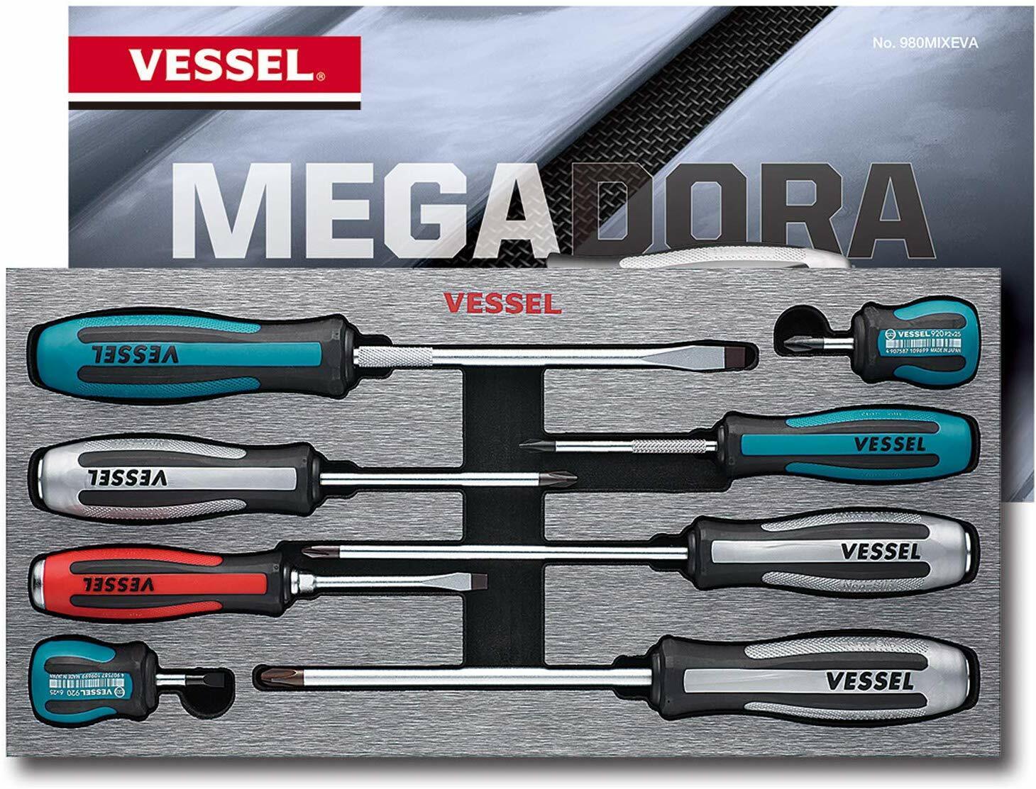 Alt Text: VESSEL 980MIXEVA MEGADORA IMPACTA Screwdriver Set Displayed in Foam Insert