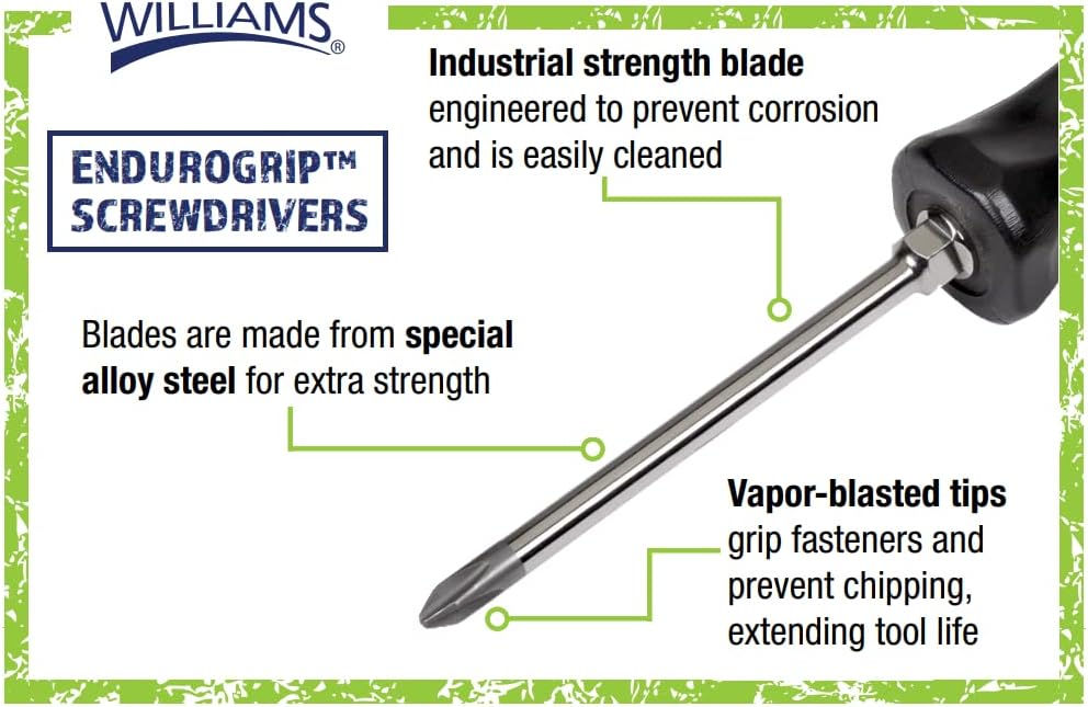 The precision tips of the Williams Endurogrip screwdrivers offer secure fastening and reduced slippage.