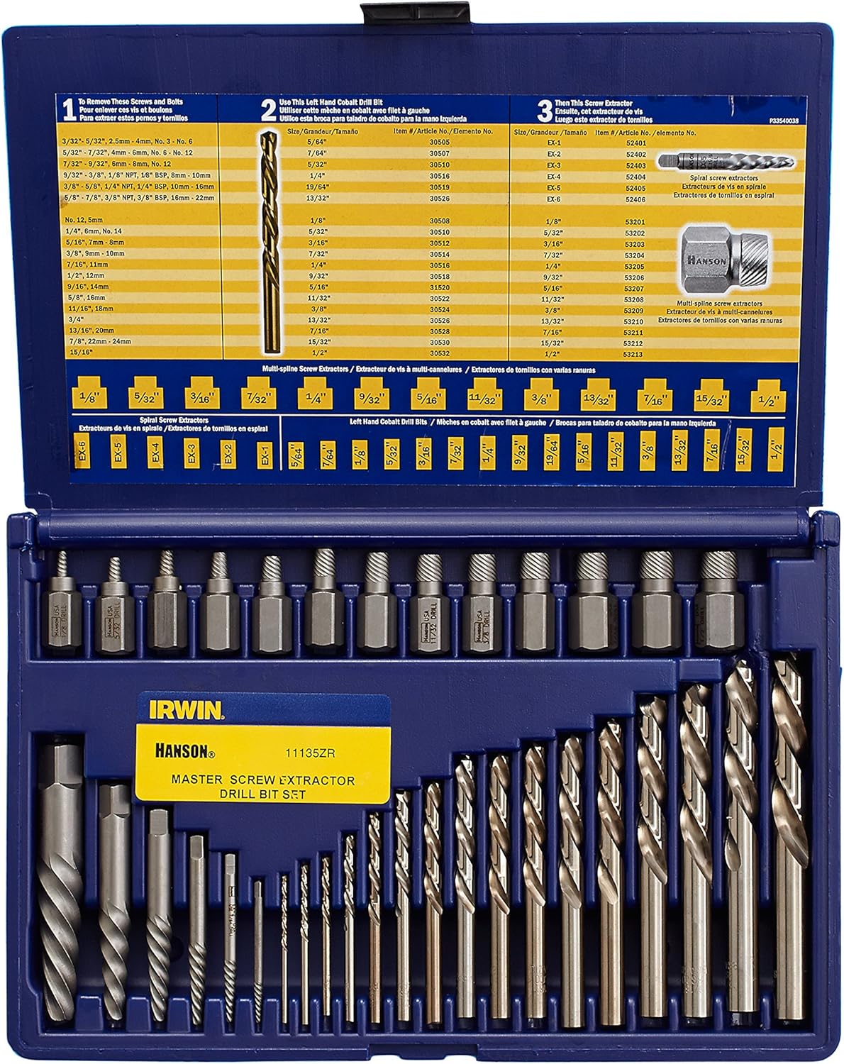 The IRWIN Tools Hanson Screw Extractor and Drill Bit Set, 35 Piece, 11135ZR, combines precision and durability for easy removal of broken screws and bolts.