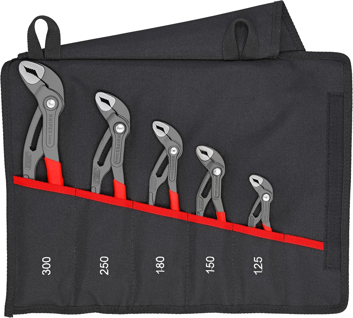 The KNIPEX 5 Pc Pliers Cobra Set in a tool roll provides exceptional versatility for gripping, holding, and adjusting tasks.