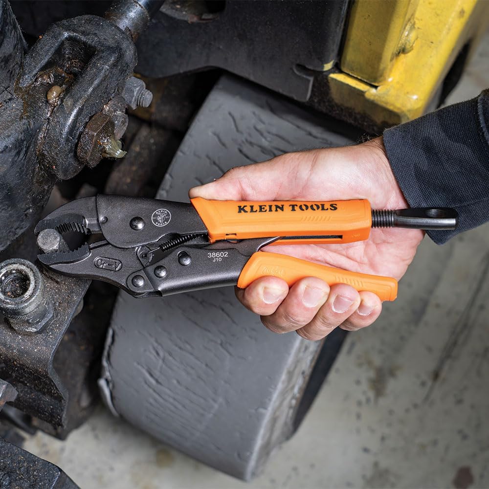 Klein Tools 38663 Locking Pliers Set, 7-Inch Long Nose and 10-Inch Curved Jaw Pliers, High Torque and Gripping Power, 2-Piece holding and in use