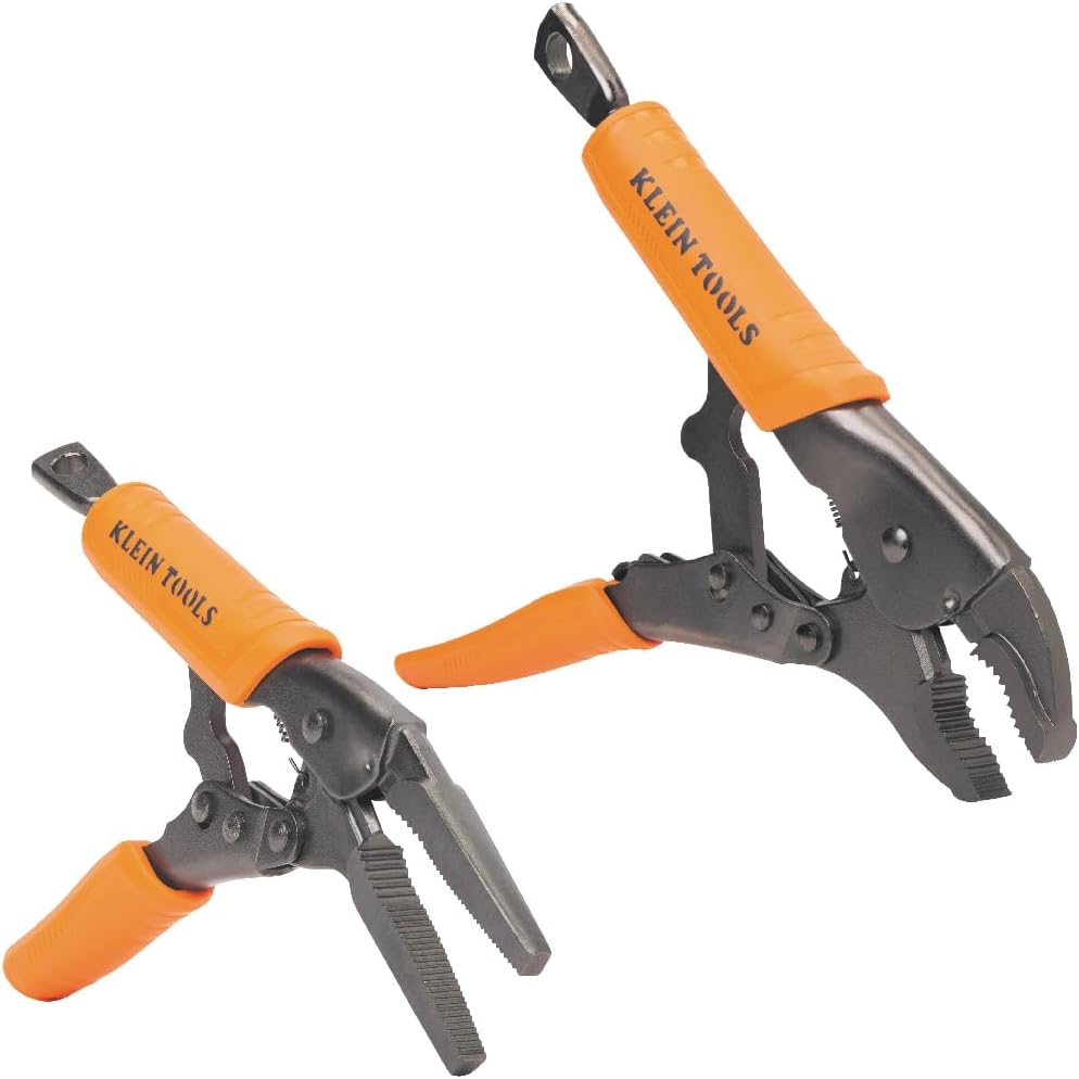 Klein Tools 38663 Locking Pliers Set, 7-Inch Long Nose and 10-Inch Curved Jaw Pliers, High Torque and Gripping Power, 2-Piece